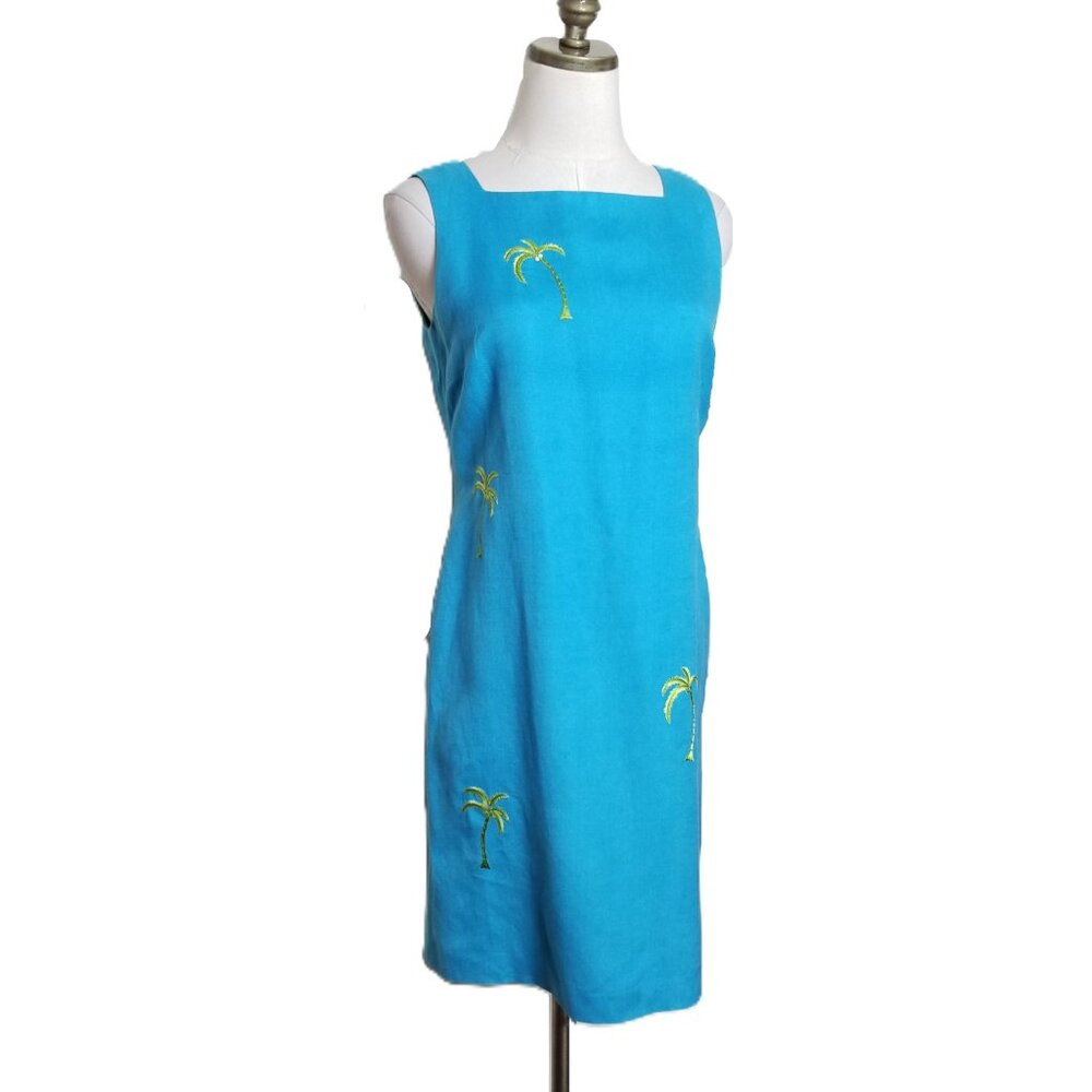 Talbots Linen Blend Sleeveless Dress Size P4 Blue Embroidered Palm Trees Beachy - Picture 2 of 6